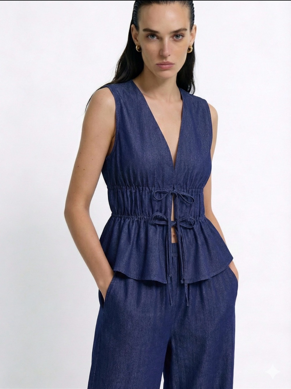 Commense Deep Indigo Wide Leg Jumpsuit with Tie Waist